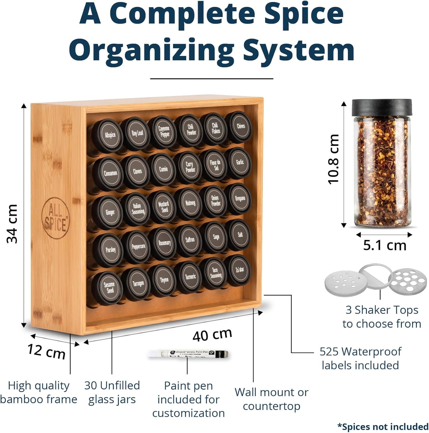 AllSpice Spice Rack Organizer - Bamboo Wood with 525 Unique Labels & 30 4oz Jars | Countertop or Wall Mount