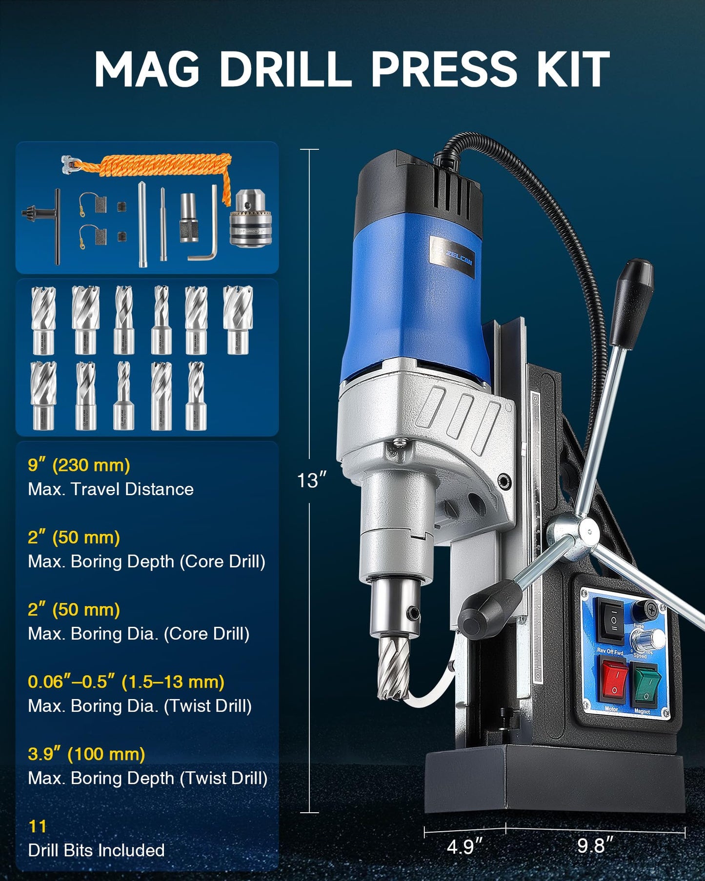 ZELCAN Mag Drill Press with 11 Pcs Bits, 1550W Portable Magnetic Drill Press with 2" Boring Diameter, 0-580 rpm Stepless Speed & Reversible Direction, 2922 lbf Power Magnetic for Metal Surface