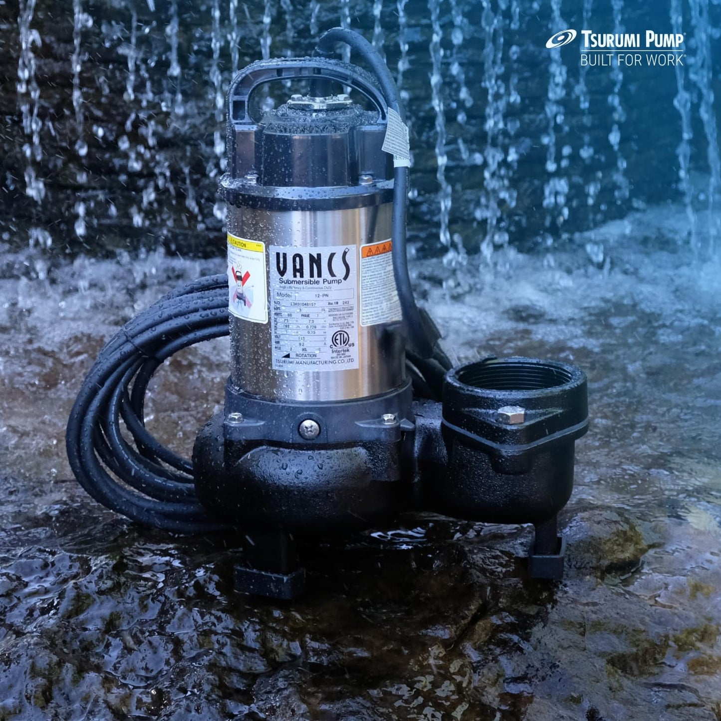 Tsurumi Pump 12PN | Submersible Pond Pump/Waterfall Pump | 1 HP, 115V, 3 in Discharge | Low Head/High Volume Water Pumps Ideal for: Water Features, & Formal Fountains | 133 GPM / 8000 GPH