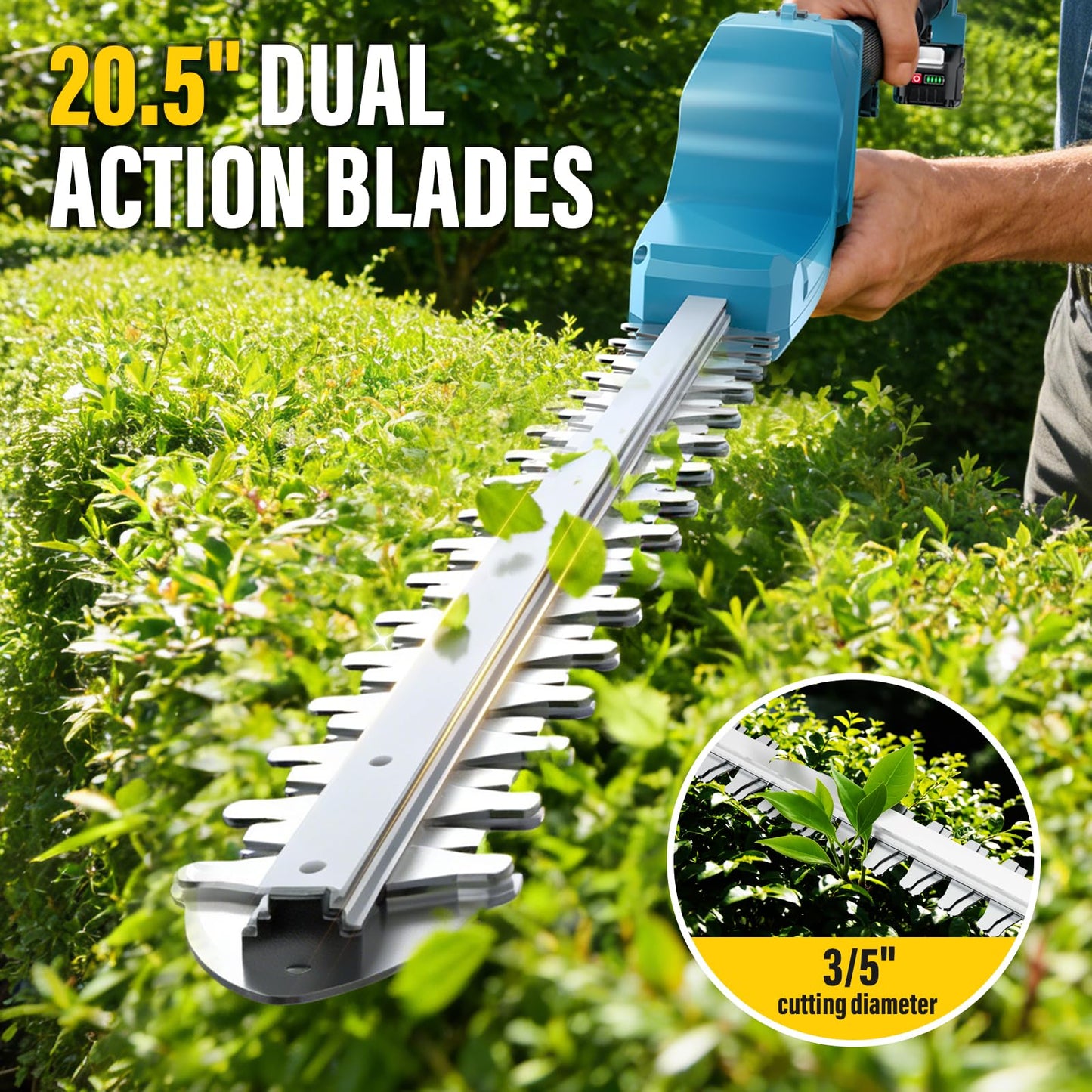 Brushless Pole Hedge Trimmer Cordless, 20.5" Dual-Action Blade，180° Adjustable Head Electric Bush Trimmer, 2×4000mAh Batteries, Up to 14.9FT Reach Battery Powered Hedge Trimmers for Shrubs Pruning