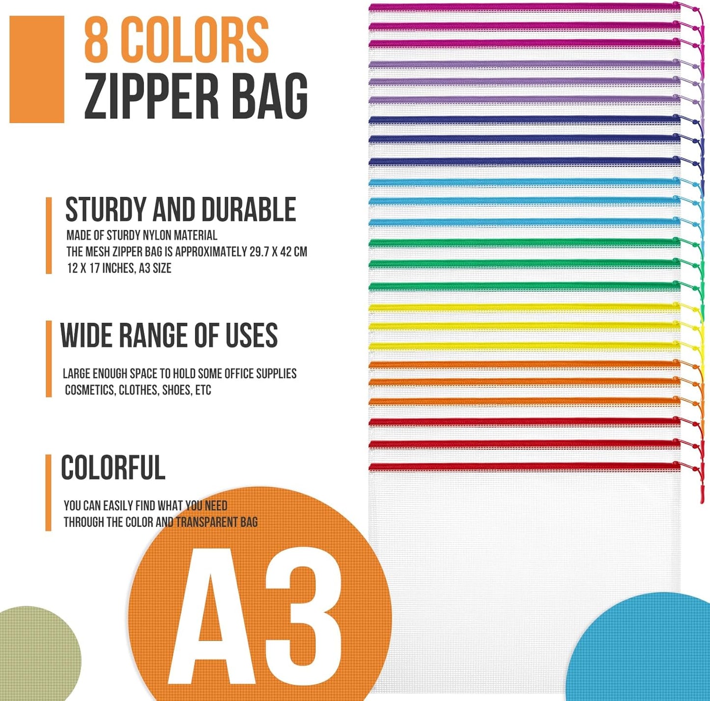 Skiennix 24-Piece Mesh Zipper Pouch Set - Large A3 17x12 Inch Reusable Storage Bags for Organizing Games & Files