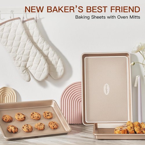 HONGBAKE Nonstick Baking Sheet Pan Set - 3 Pack with Heat Resistant Oven Mitts | Heavy Duty 0.8mm Thick