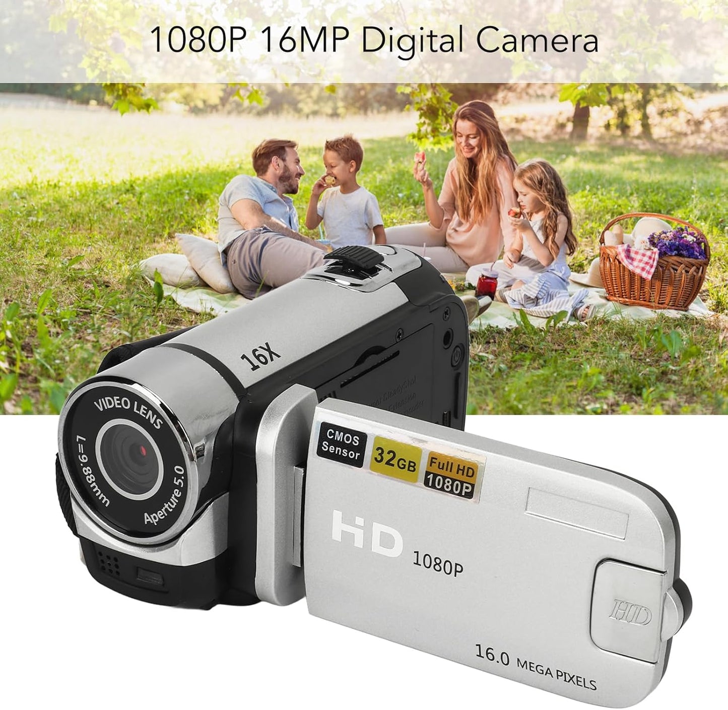 Zopsc 1080P, 16MP, 16X 2.4 Inch Digital Video Camera, Zoom, Rotatable Screen, Fill Light, Camcorder for Vlogging