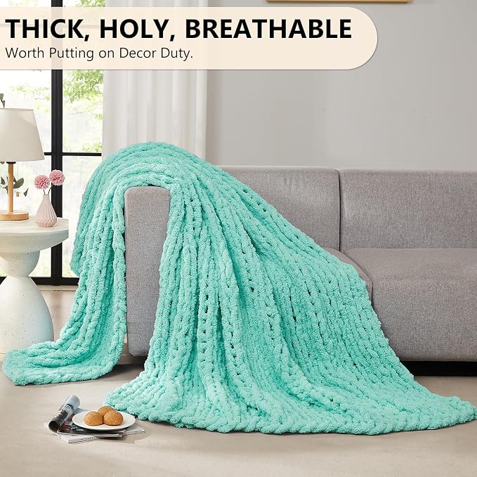 L'AGRATY Chunky Knit Blanket Throw: 60''x80'' Chenille Chunky Knitted Throw Blankets for Bed Couch - Handmade Thick Big Cable Knit Blanket - Large Crochet Rope Blankets for Home Decor(Lake Blue)