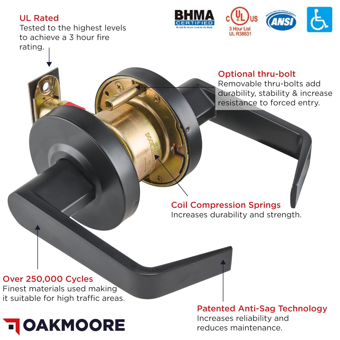 OAKMOORE Commercial Door Handle Black - Grade 2 Lockset - Door Lever Schools Offices Industrial UL CUL & ADA – ANSI A156.2 (Storeroom (Auto Locking, Need Key))