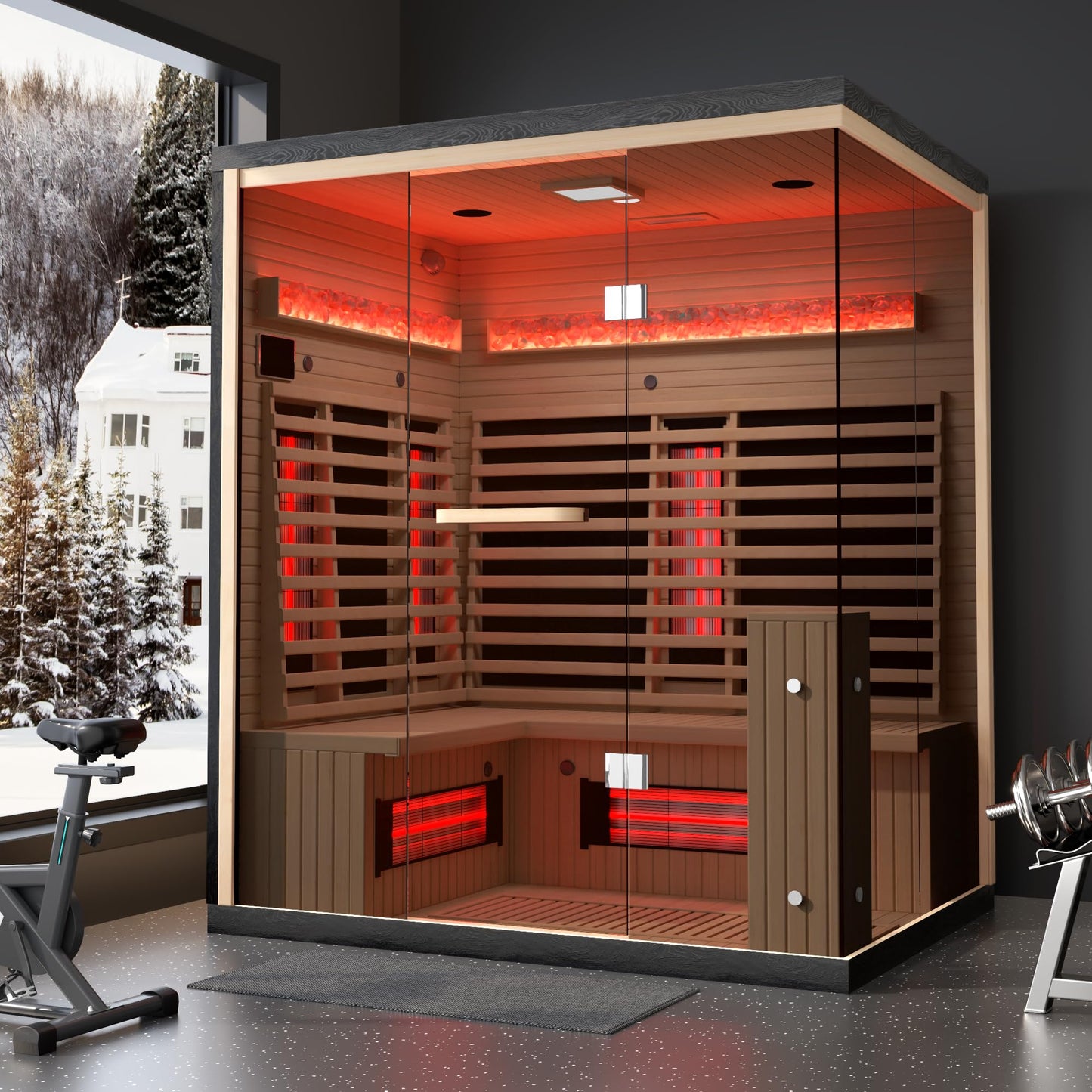 SWHSE 3-4 Person Infrared Sauna, Home Sauna with Himalayan Salt Panel & 10 Minutes Warm-up System, Indoor Sauna Spa Room with Canadian Hemlock&Panoramic Tempered Glass,220V