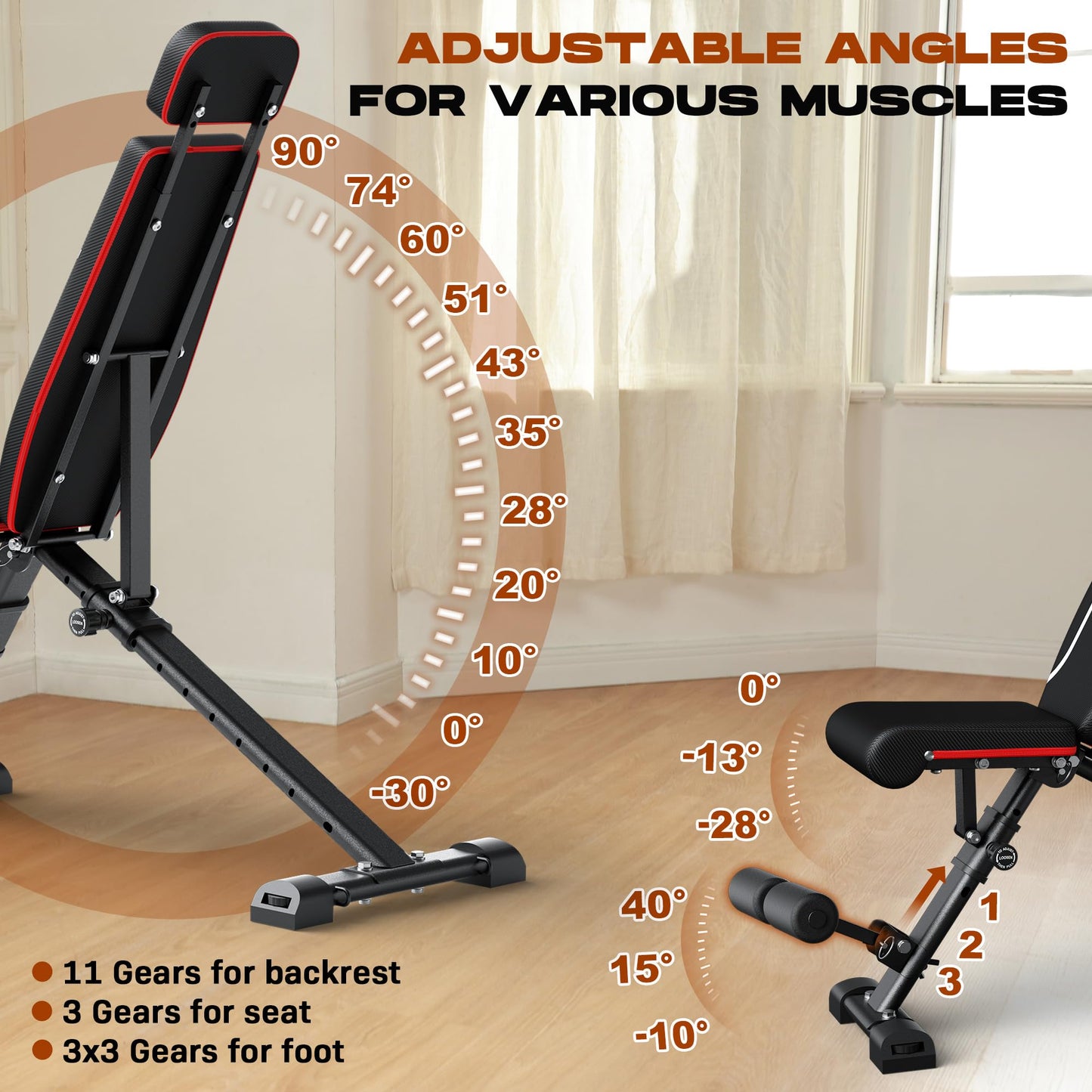Roygym Adjustable Weight Bench, 880LB Foldable Workout Bench with Extended Headrest for Full Body Strength Training Bench Press, Incline Decline Bench with Folding