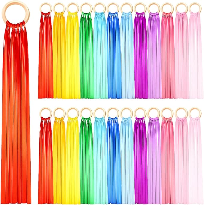 Junkin Ribbon Rings Hand Kite Waldorf Toys Dancing Wrist Ribbons Rainbow Streamers with Wood Ring Sensory Learning Educational Toy for Playroom Dancing Birthday Party Gift(Solid Color,24 Pcs)