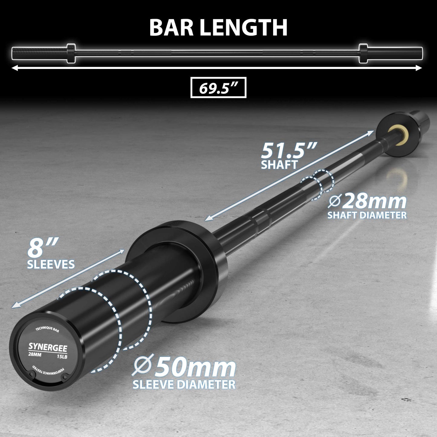 Synergee 15lb Technique Barbell Black Aluminum Bar for Form & Technique Training for Power & Olympic Lifting.