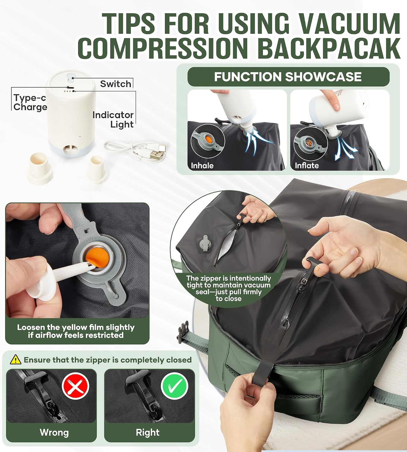 Backpack Backpacks 18x14x8 inches Daypack,BrownGreen BOXSAM Large Vacuum Travel with Pump for Women, Personal Item