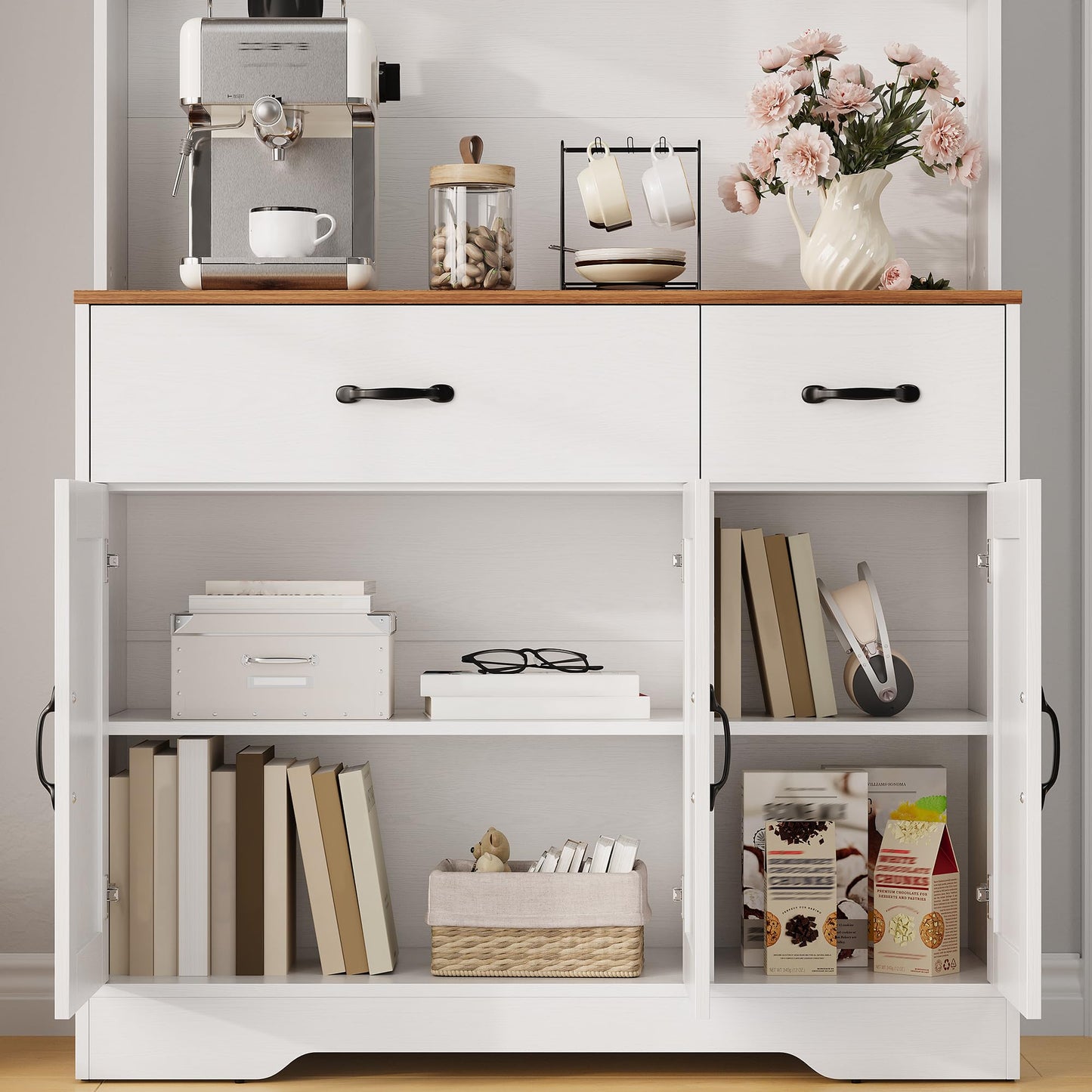 GarveeHome 71" Pantry Cabinet with Charging Station, Tall Kitchen Pantry Storage Cabinet with Microwave Stand, Farmhouse Kitchen Hutch with Countertop & 2 Drawers for Living Room, Dining Room, White