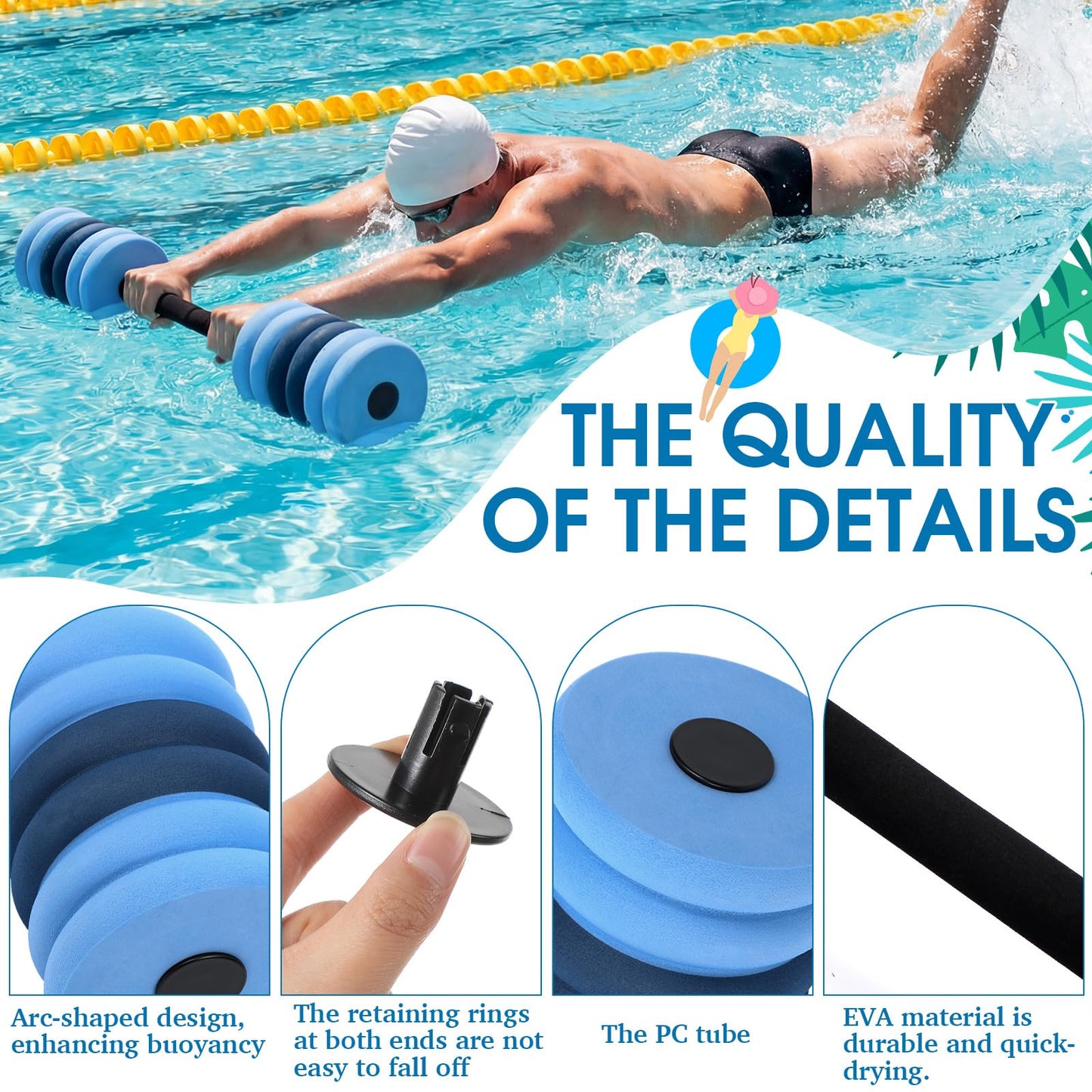Soulchen Swim Barbells Set of 3, 25'' 29'' 33'' EVA Foam Water Aerobic Weights Resistance Exercise Barbell Pool Barbell Waters Dumbbell for Pool Exercise Strength Training Workouts Loss(Blue Gray)