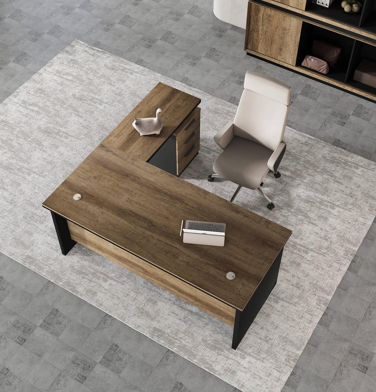 63 Inch L-Shaped Executive Desk Set of 2, Industrial Modern Wood Office Desk with 3 Drawers, Built-in Cable Management & Power Outlet, Real Wood Finish, Reversible Left/Right Return Home Workstation