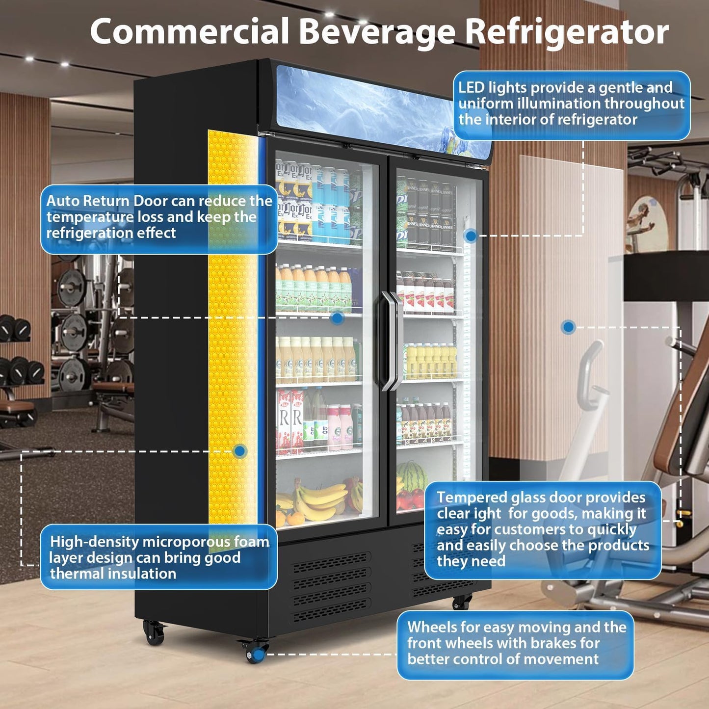 36.3 Cu.ft Commercial Beverage Refrigerator, Glass Door Upright Display Cooler, LED Light, Double Swing Doors, Adjustable Shelves, for Store, Restaurant, Bar, Office, Home