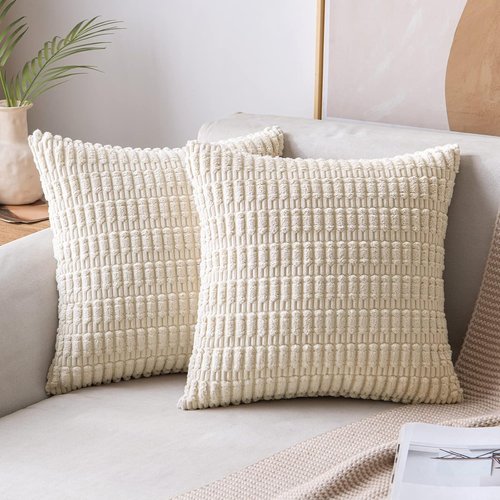 MIULEE Corduroy Decorative Throw Pillow Covers - Soft Chenille, 18x18 Inch, Cream & Beige (Set of 2)
