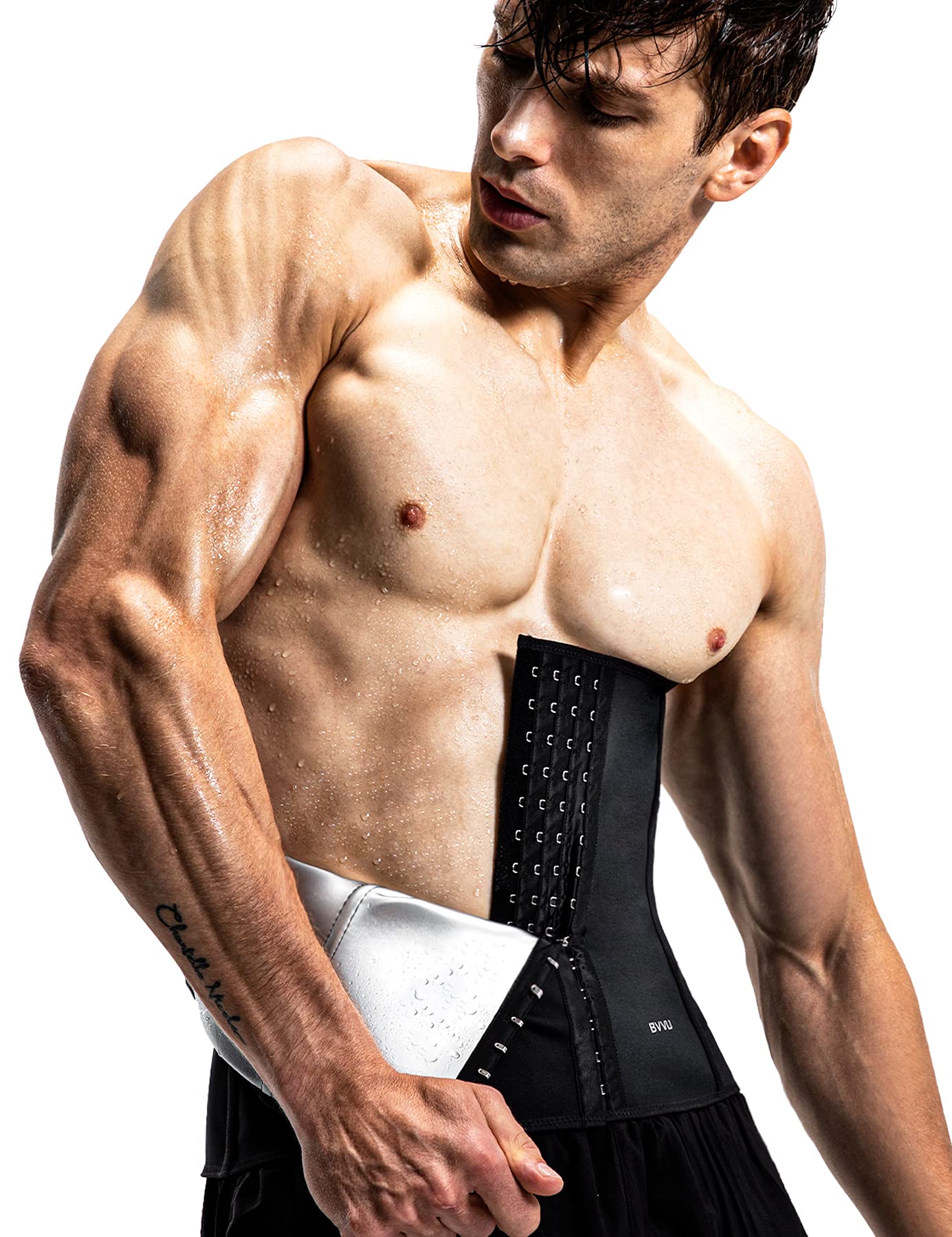 BVVU Waist Trainer for Men Waist Trimmer Tummy Control Sauna Sweat Belt Stomach Wrap Lower Belly Fat Back Support Black