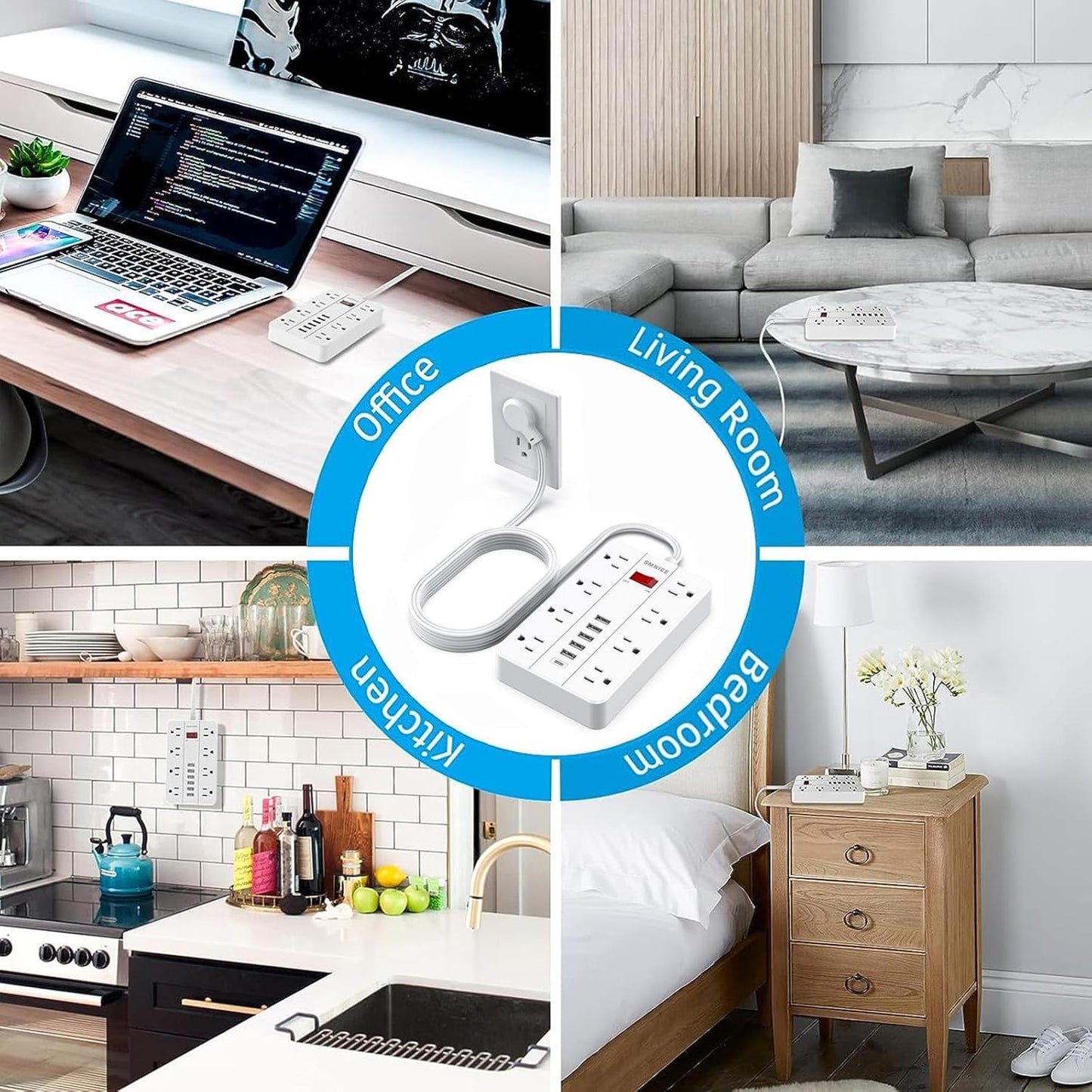 SMNICE 10 8 6USB(1 Power Strip Surge Protector, Flat Plug Long Extension Cord Ft with Widely Spaced Outlets USB C)