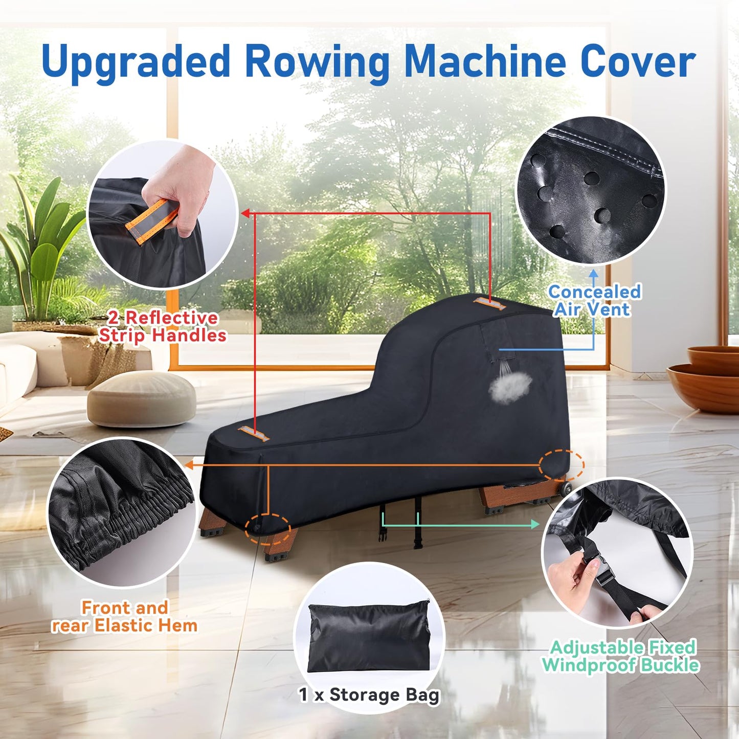 Rowing Machine Cover,420D Heavy Duty Rower Outdoor Covers,Outdoor Protective Cover for Concept 2 Fitness Equipment,with Waterproof Strip,Windproof Buckle,2 Handles,Accessories Fit for Concept 2 Rower
