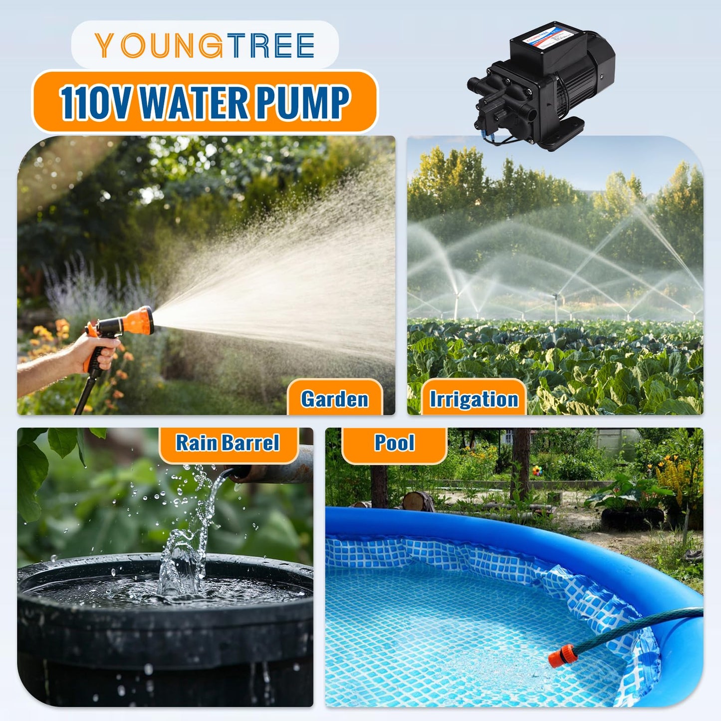 YOUNGTREE Brushless 110V Water Pressure Transfer Pump Continuous Duty 6.0GPM 55PSI On Demand Fresh Water Diaphragm Pump 110 Volt AC for Irrigation Garden Home Pool Car Washing Rain Barrel Industry