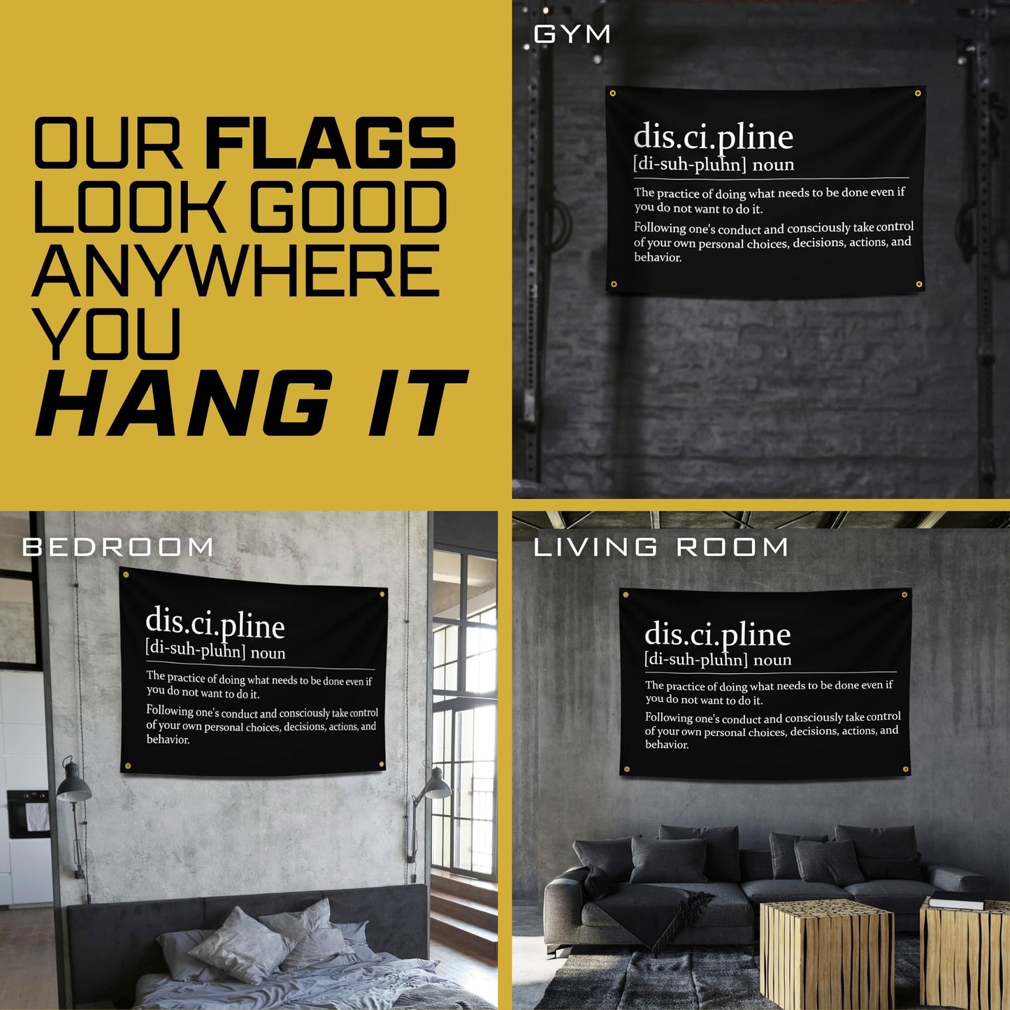 Gold Trident Flags Discipline Motivational Gym Banner – Discipline Poster for Gym, Dorm, Room, Home Workout Space – Cool Fitness Wall Decor – Durable Polyester, Double Stitched Flag – 3x5 Feet