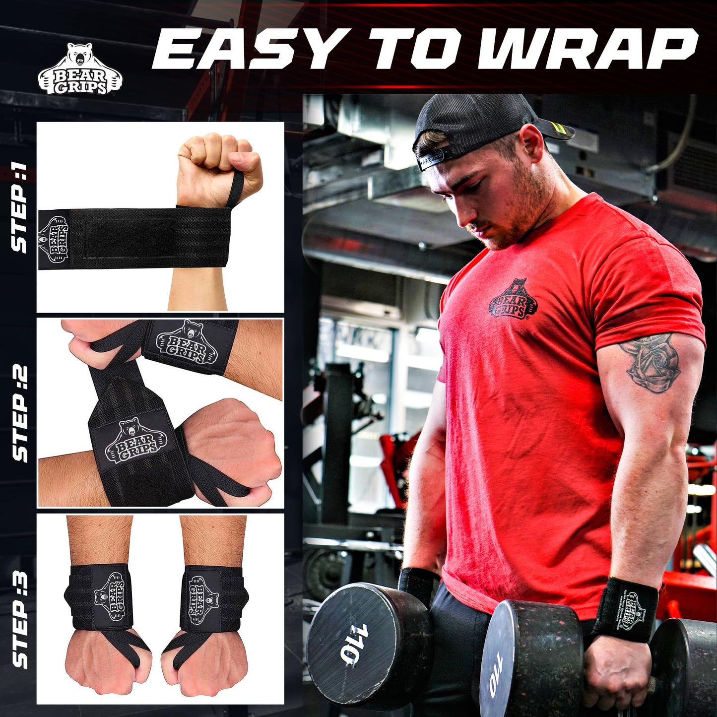 Bear Grips Wrist Wraps for Weightlifting | Weight Lifting Wrist Straps for Weightlifting | Extra Strength Gym Wrist Wraps | Two Wrist Wrap Per Pack | 12” & 18” | Lifting for Men & Women