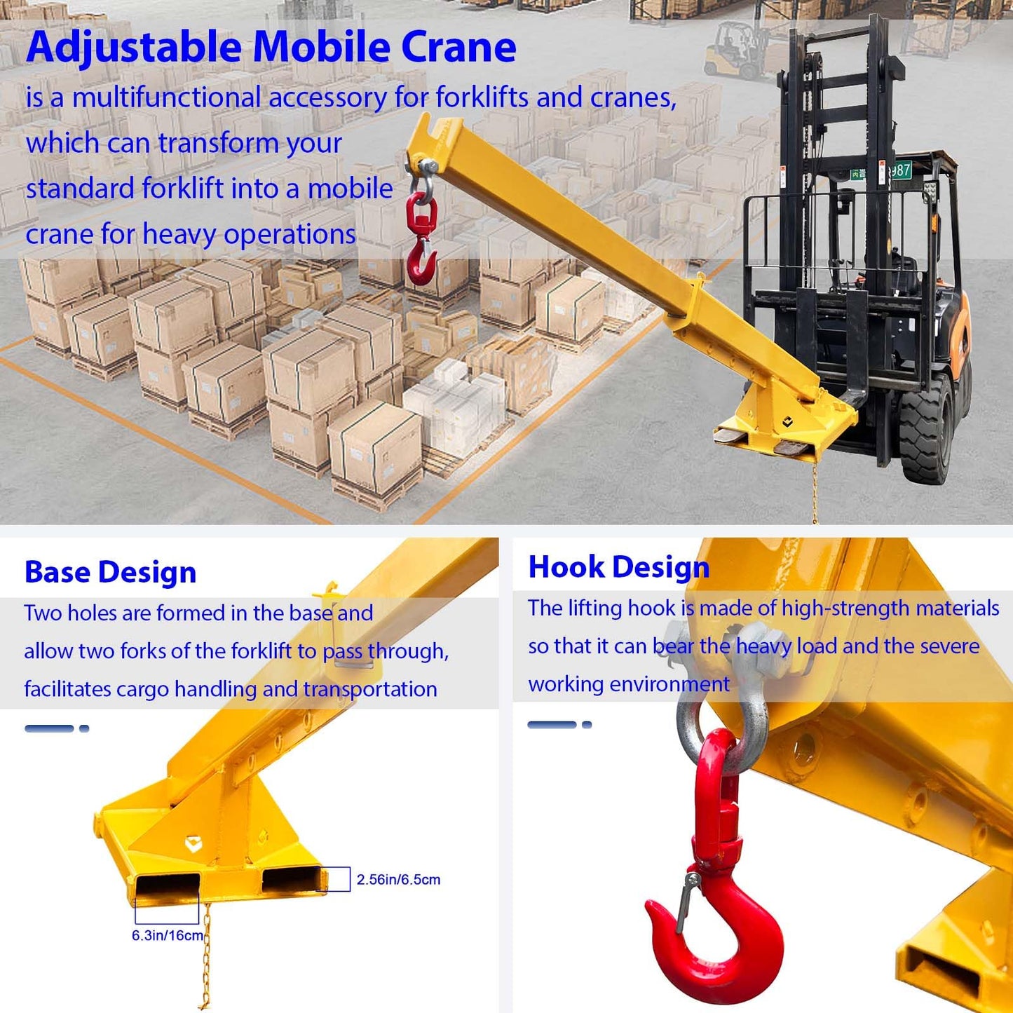 JARYANNIX 6600LB/3T Loading Capacity Adjustable Forklift Jib Boom Crane, Mobile Crane Lifting Hoist, Forklift Extension Attachment, Telescoping Boom Hook with 63"-98" Extension