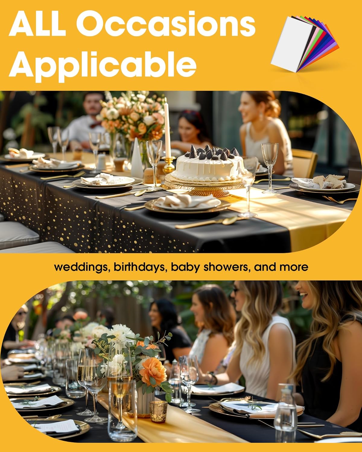 Niuara Table Cloth Set - Black and Gold Disposable Rectangle Table Covers | 3 Tablecloths + 3 Runners for Events