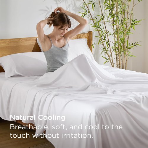 Bedsure Cooling Bed Sheets - Soft Rayon from Bamboo | Deep Pocket Up to 16" | Hotel Luxury White