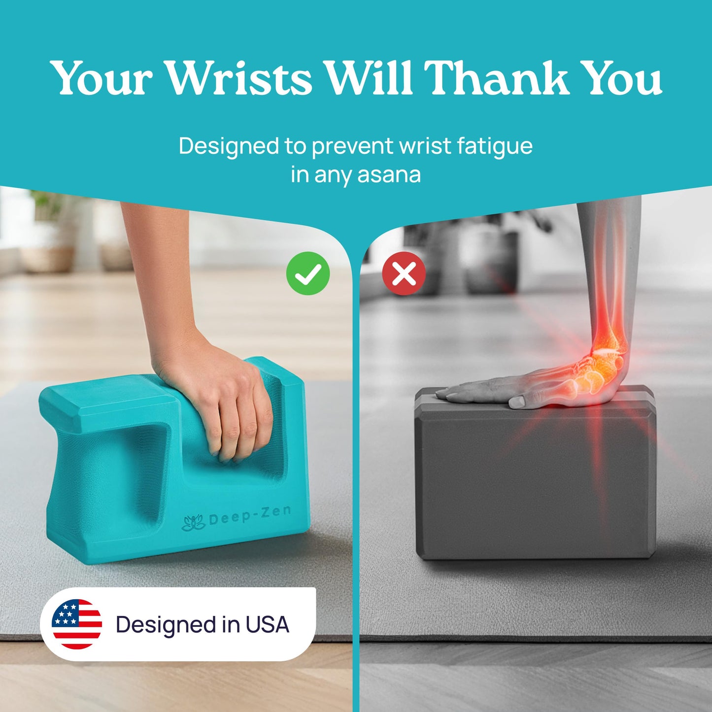 Deep-Zen PRO Yoga Blocks | Ergonomic Yoga Block 2 Pack for Wrist Comfort and Support | EVA Foam Exercise Blocks, 2x Knee Pads & Yoga Strap | Pilates Block Set | Bricks to Eliminate Wrist Pain (Blue)