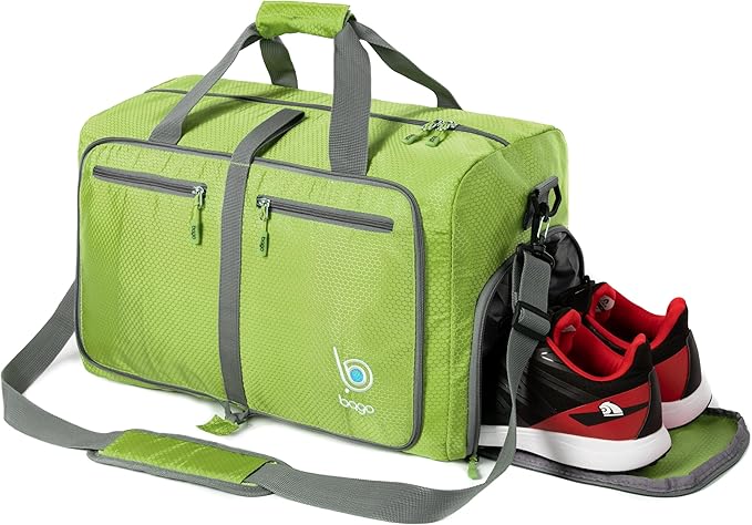 Bago Foldable Duffel Bags for Traveling Women & Men - 40L Sports Packable Duffle Bag for Travel with Shoe Compartment - Water Repellant, Heavy Duty, Lightweight Folding & Collapsible (Green)