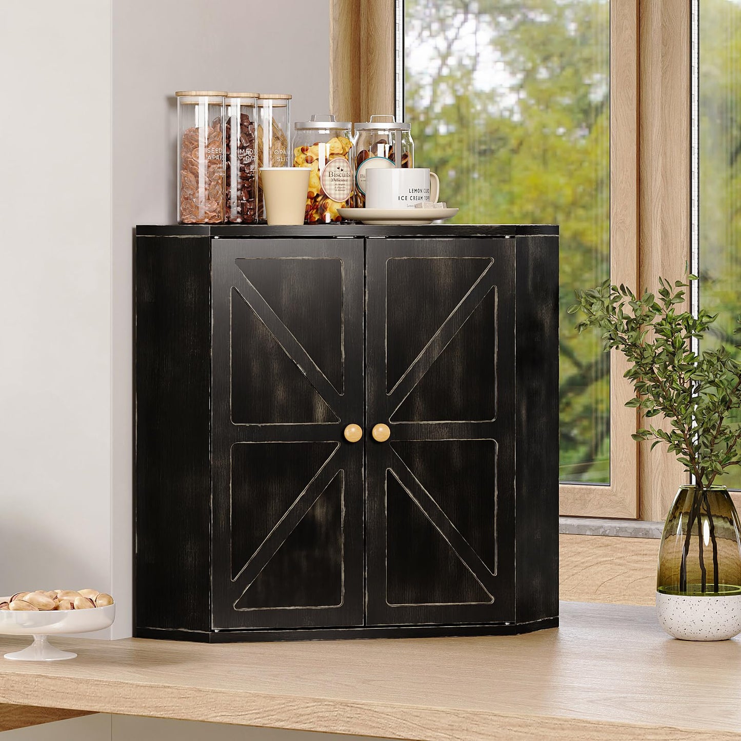 Trironsun Corner Bread Box for Kitchen Counter Double Layer Bamboo Bread Storage Container Large Capacity Bread Storage Bin Farmhouse Breadbox Organizer (Antique Black)