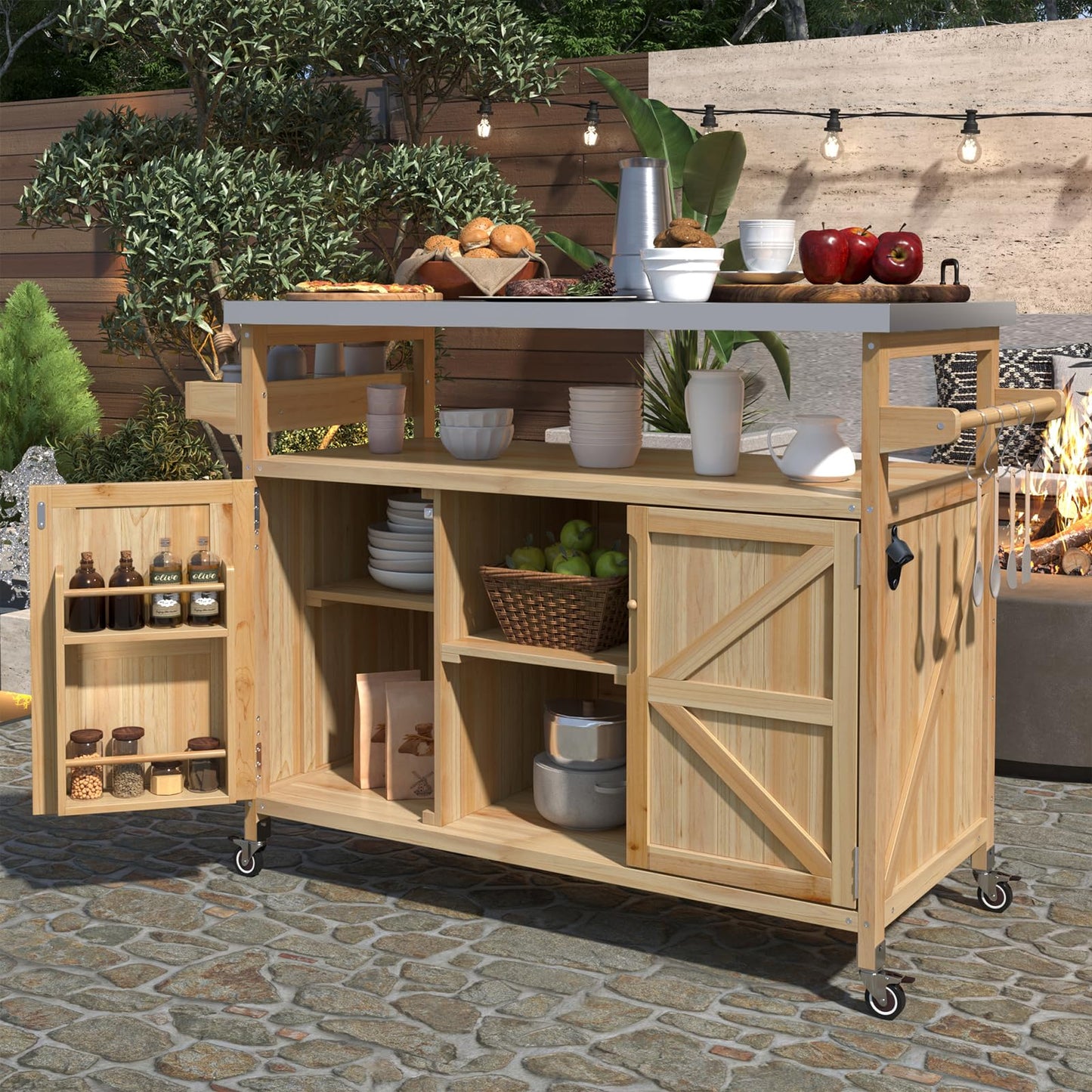 Waully 50.25" Outdoor Kitchen Island with Wheels for Food Prep, Strage, Bar, Rolling Outdoor Grill Table for Outside, Outside Cooking Table, Grill Carts, Cooking Station, Modular, Solid Wood, Natural