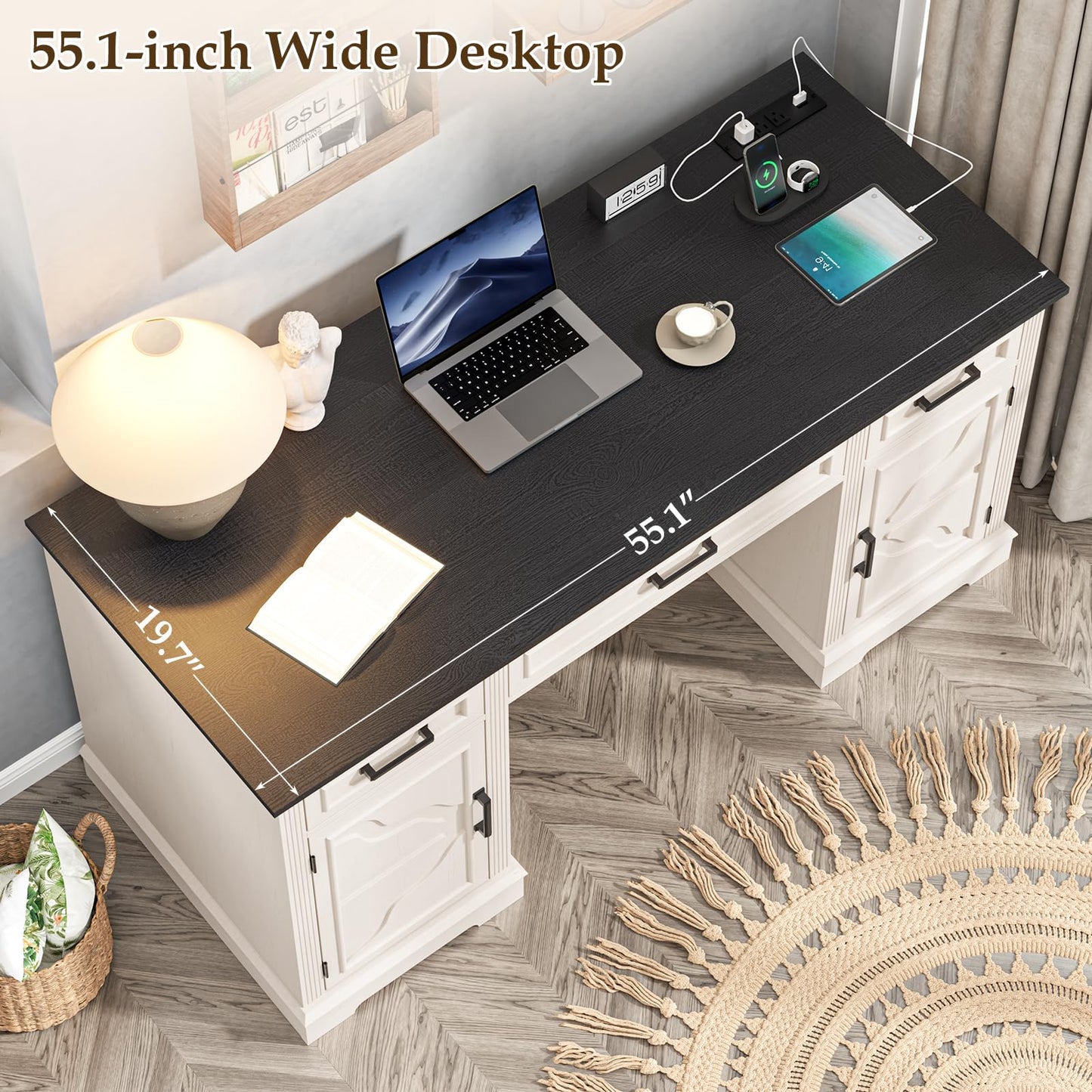Halitaa 55.1 Inch Farmhouse Computer Desk with Charging Station, Home Office Desk with 3 Glide Drawers and 2 Adjustable Storage Cabinets, Office Home Workstation for Study Work Writing, Unique White