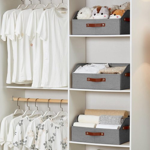 Bagnizer Closet Organizers - Linen Trapezoid Storage Bins with Handles | Collapsible Gray Shelf Organizer for Blankets, Towels, and More