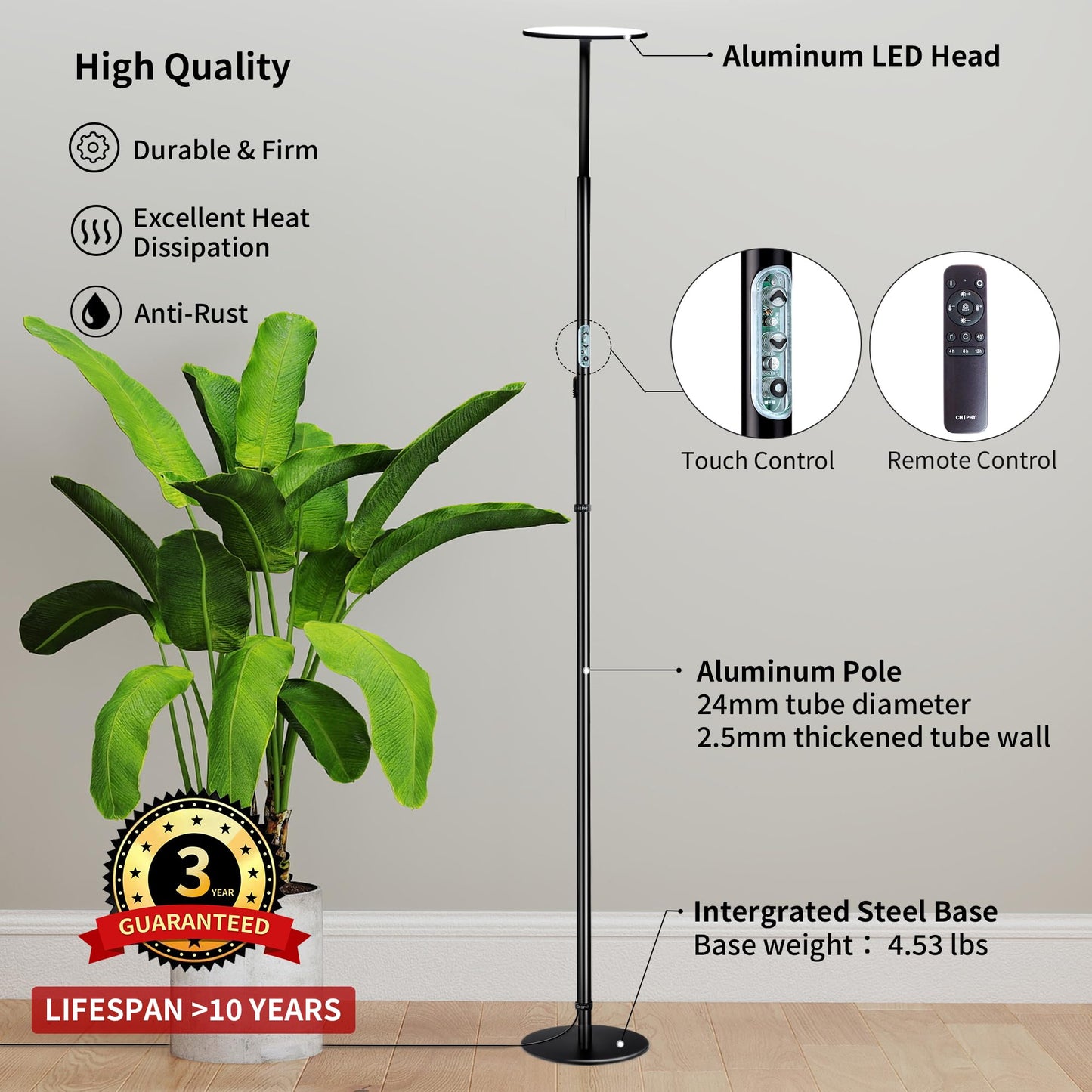 chiphy Grow Lamp, 60W Full Spectrum Grow Lights for Indoor Plants, 4/8/12H Timer, 2300K-6500K, 10 Dimmable Brigntness, 76'' Height Adjustable, Remote Control, Ideal for Tall Large Plants