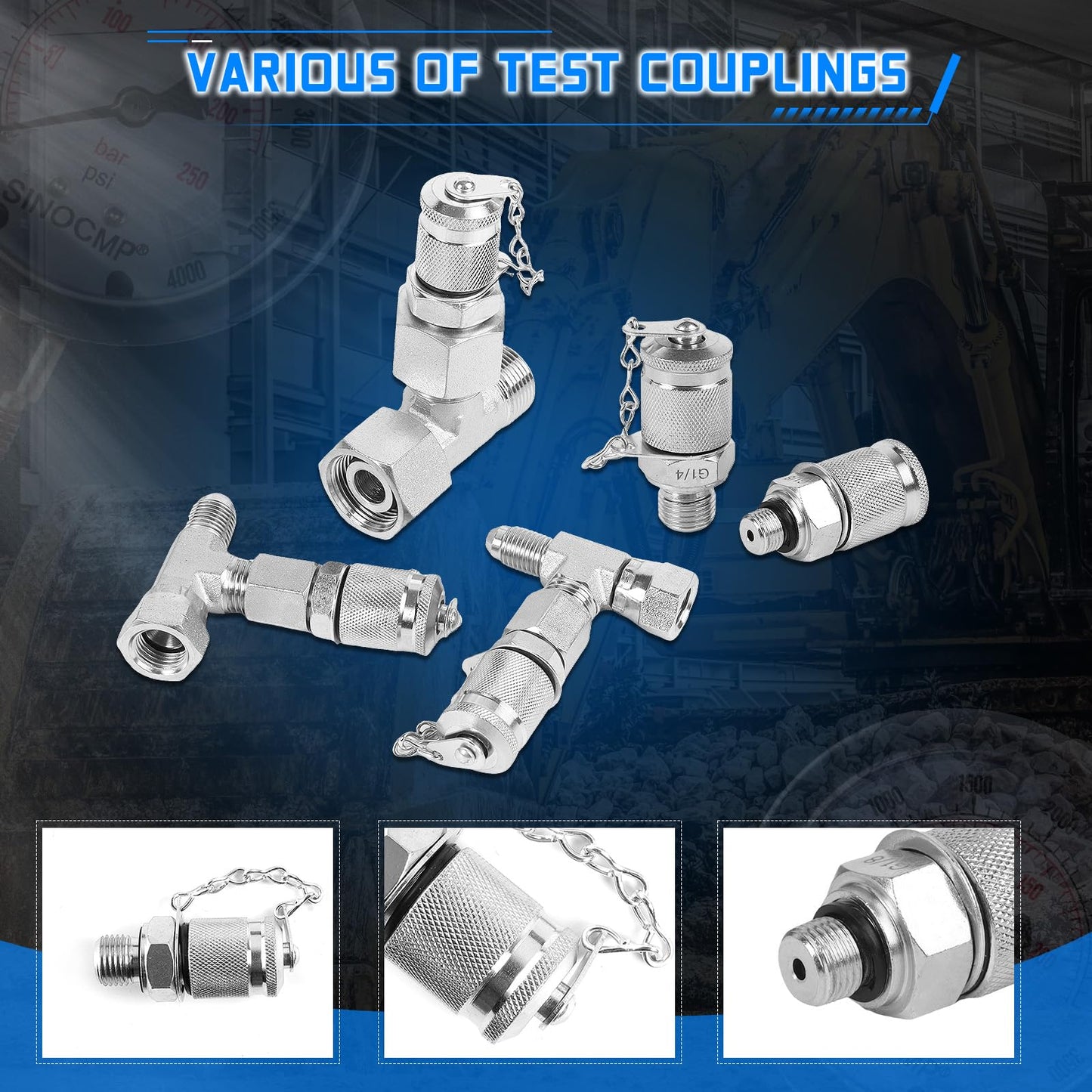 SINOCMP Hydraulic Pressure Test Kit with 5 Gauges 5 Test Hoses 13 Couplings 14 Tee Connectors, Hydraulic Tester Gauge Set 10/100/250/400/600Bar for Excavator Construction Machinery