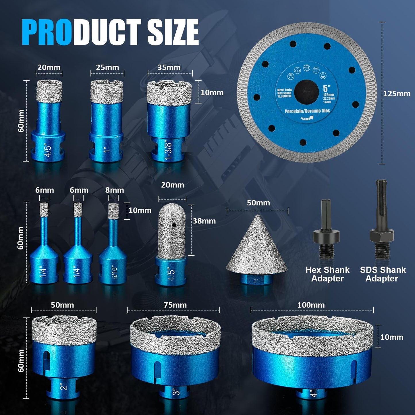 Diamond Tile Hole Saw Kit - 14 PCS Set Including 6/6/8/20/25/35/50/75/100mm Drill Bits, 20mm Finger Bit, 50mm Beveling Chamfer Bit, and 5" Diamond Blades for Tile, Ceramic, Porcelain, and Marble