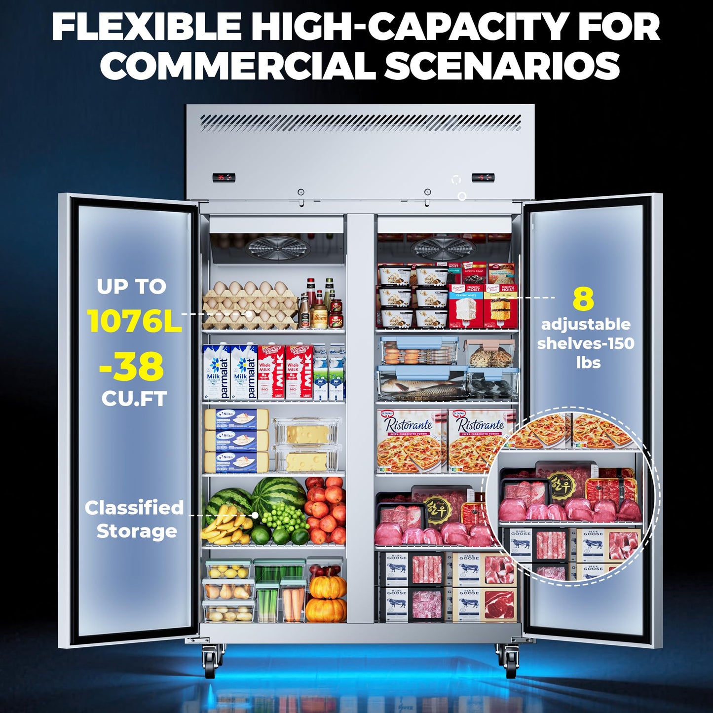 Ferueo Commercial Refrigerator and Freezer Combo, 48" W 2 Door Dual Temperature Zones Freezers, 39 Cu.ft Commercial Refrigerators with 8 Adjustable Shelves for Restaurant Shop Bar