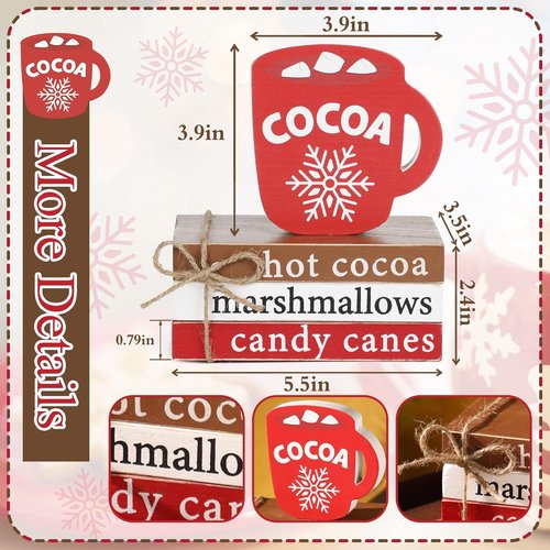 KORMMCO Christmas Wood Decor - Hot Cocoa Decorative Book Stack for Tiered Tray | Mini Faux Book Decor