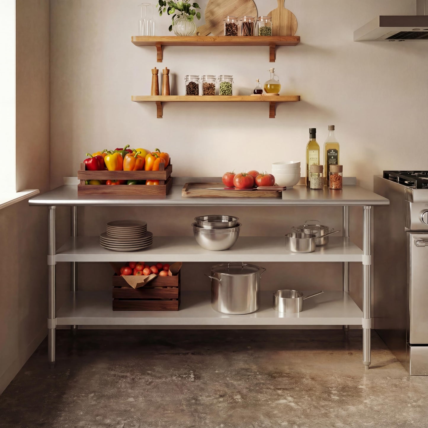 Flash Furniture Stainless Steel 18 Gauge Work Table with 2 Undershelves - 72" W x 30" D x 34.5" H, NSF