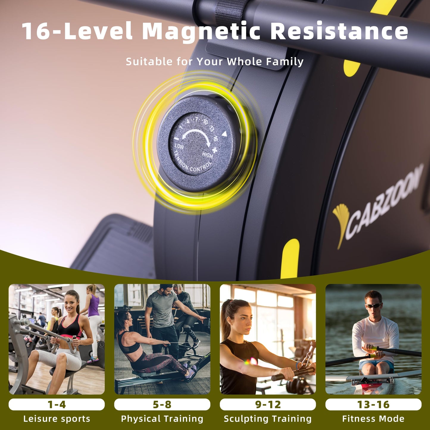 CABZOON Rowing Machines for Home，Magnetic Rowing Machine，Max 265lbs Weight Capacity, Quiet Rower Machine with Tablet Holder，16 Levels of Resistance