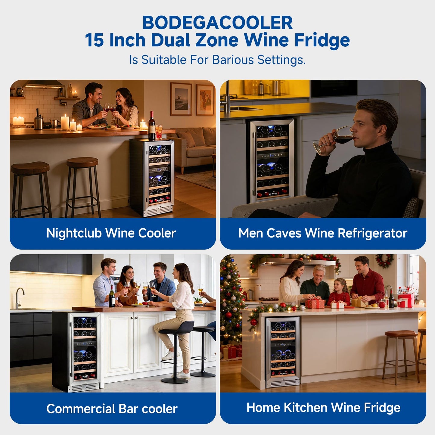 BODEGA 15 Inch Dual Zone Wine Cooler, 30 Bottle Compressor Wine Fridge with 41-72°F Temp Control, Built-in & Freestanding, UV-Protected Glass Door, Stainless Steel – for Home Bar, Kitchen.
