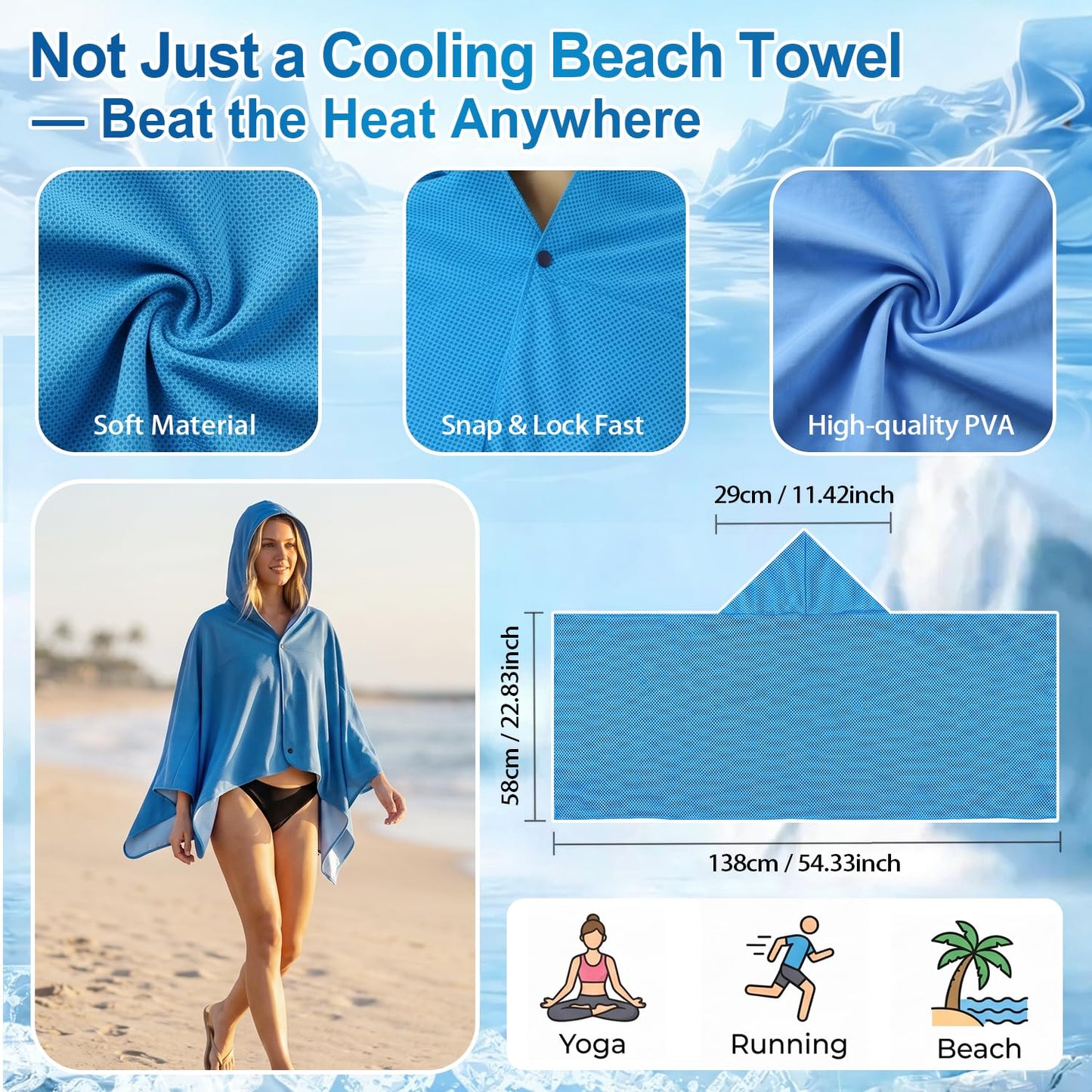 MBVOICO Cooling Hooded Beach Towel Cloak for Men Women - Double Layer PVA Fabric Cool Towel Cape, Instant Cooling Soft Ice Towelfor Beach Yoga Camping (Blue)