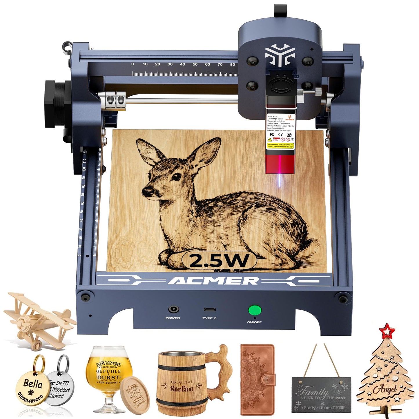 ACMER S1 Laser Engraver, 2500mW Laser Engraver Machine Higher Accuracy Lazer Cutter and Engraving Machine with Working Area 130x130mm,0.04mm Laser Spot Engraving Machines & Tools