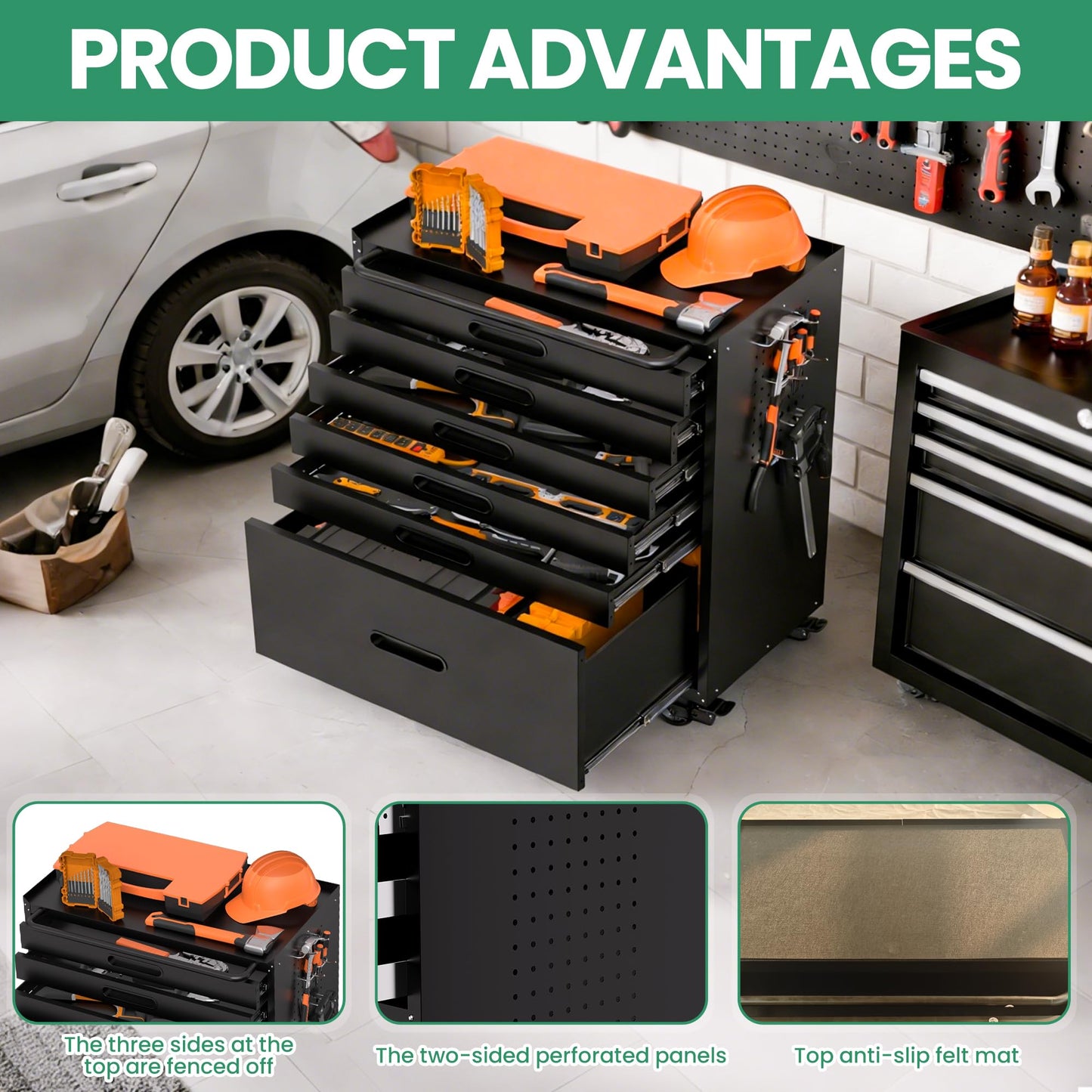 VIYET Garage Storage Cabinet,6 Drawer Metal Rolling Tool Cabinet with 2 Pegboard and 10 Hook,Heavy Duty Mechanics Tool Chest Storage for Workshop, Basement,Warehouse,Include Workbench Liner,Black