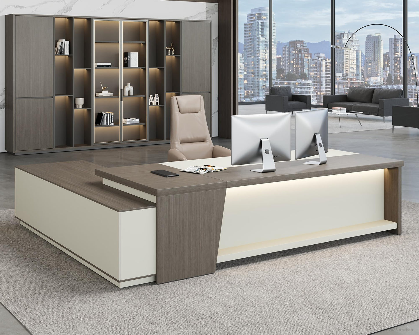 Anzhap 79" L-Shaped Executive Desk with Drawers, Large Modern Office Desk with Storage Shelves, LED Lighting, Built-in Outlet & USB Ports – Home Office Desk (Smoked Oak & Cream White, Right Return)