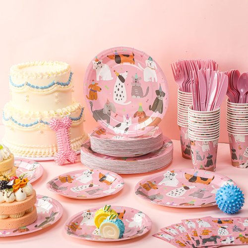 Jinei 350 Pcs Dog Birthday Party Supplies Pink Dog Tableware Set Serves 50 Guests Puppy Birthday Decorations Includes Pink Puppy Plates Cups Napkins Forks Knives Spoons for Party Supplies