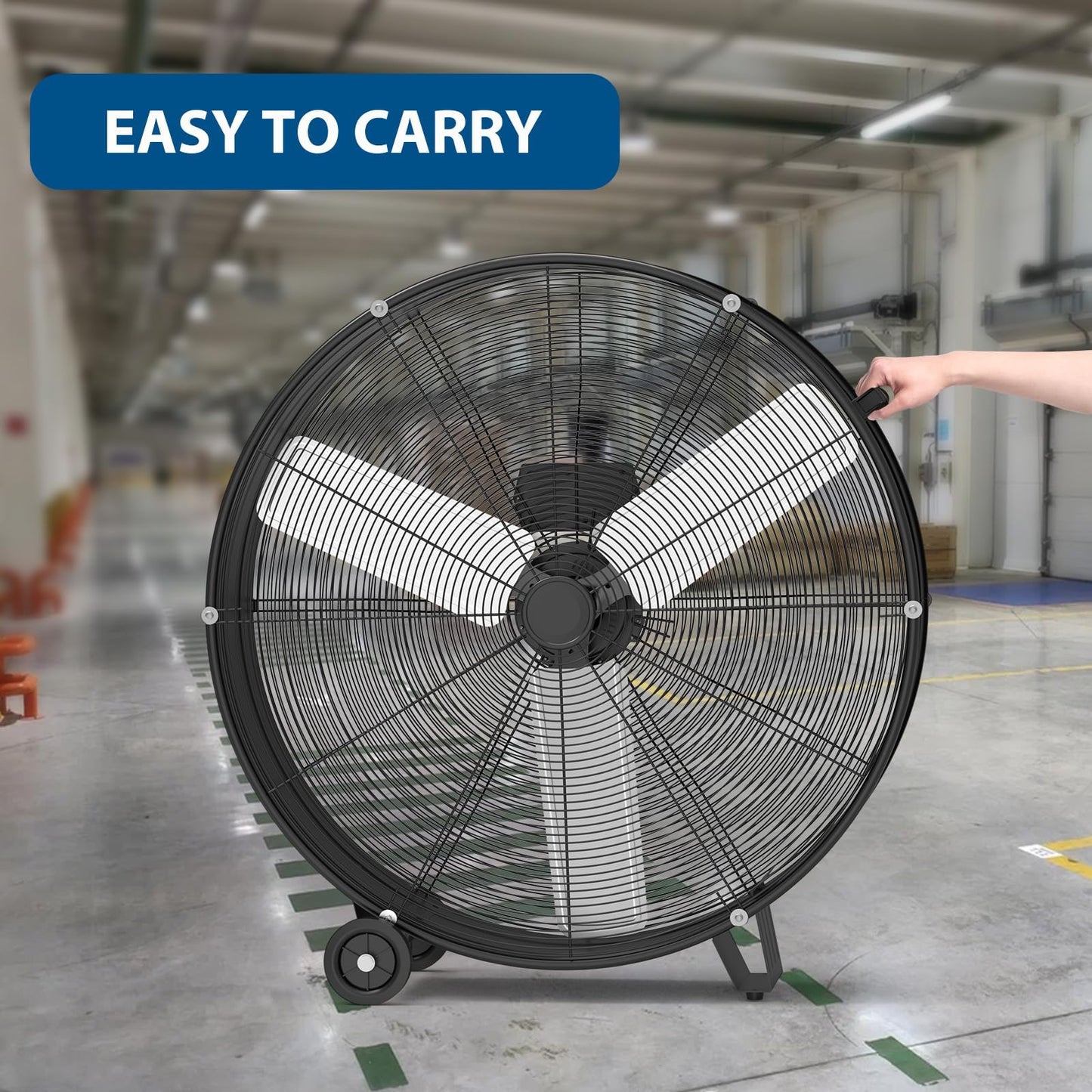 MilleLoom 30 in Industrial Drum Fan, 3-Speed High Velocity Floor Fan, Heavy Duty Metal Air Circulator with Caster Handle for Patios, Warehouses, Commercial, Factories and Workshops