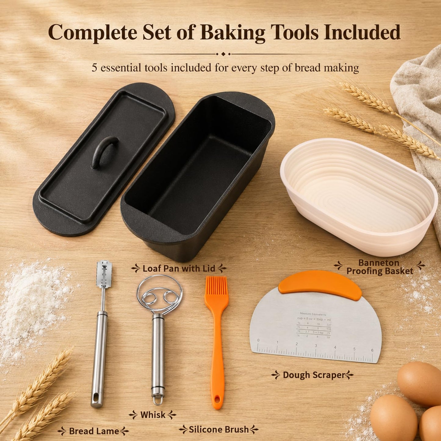 Cast Iron Dutch Oven Bread Loaf Pan with Lid, 14 x 5.5 Inch 3.2QT Pre-Seasoned Pan for Sourdough Baking, Includes Baking Supplies for Homemade Artisan Bread, Heavy Duty with Even Heat Distribution