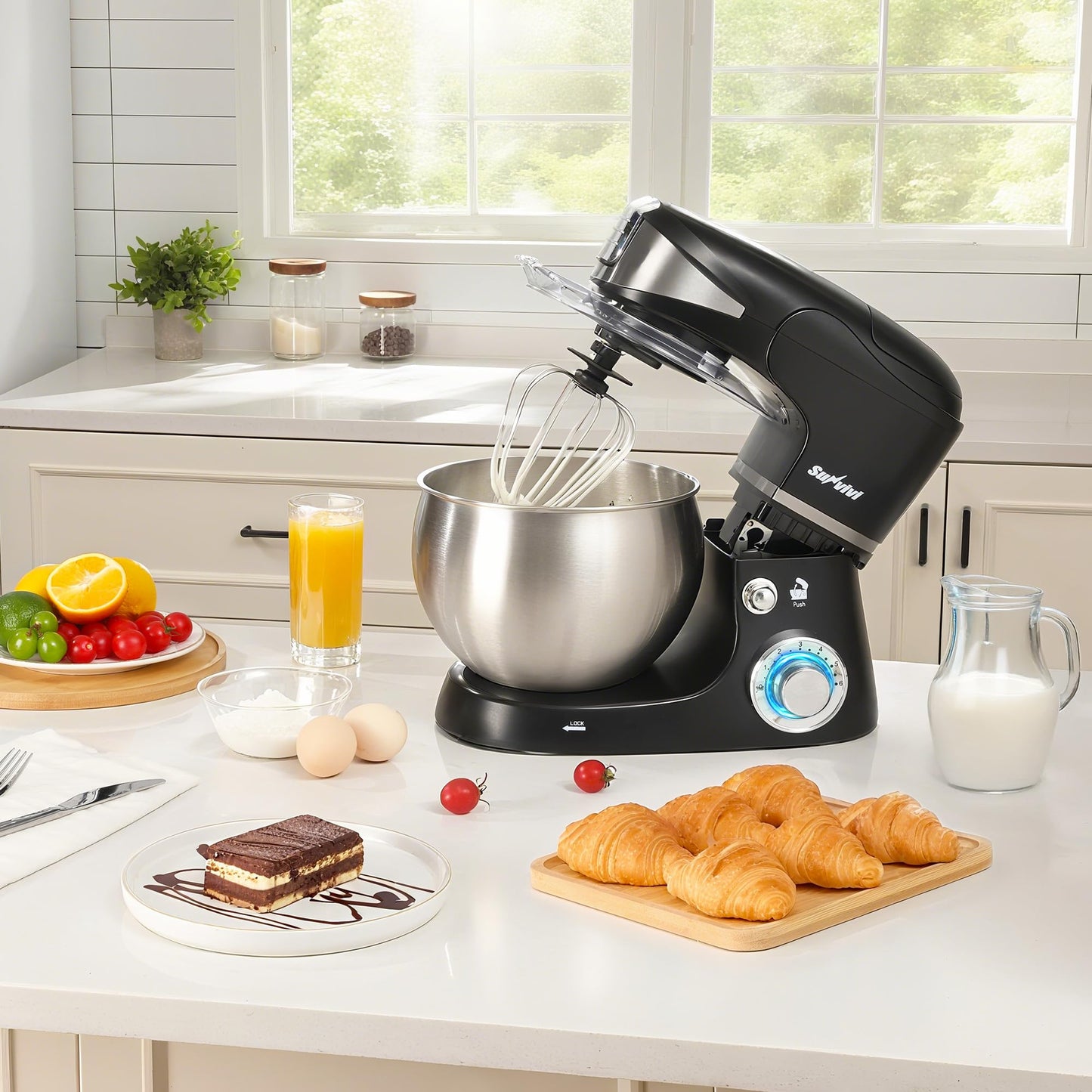 Sunvivi 6-in-1 Multifuctional Stand Mixer, 6.5QT Tilt-Head Dough Mixer, Electric Stand Mixer with Stainless Steel Bowl for Cake, Bread, and Dough, with Meat Grinder, Juice Blender & Pasta Maker
